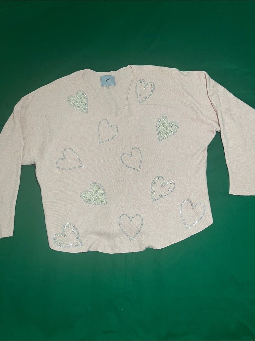 LIV Pink V-Neck Sweater with Sequin Heart Accents